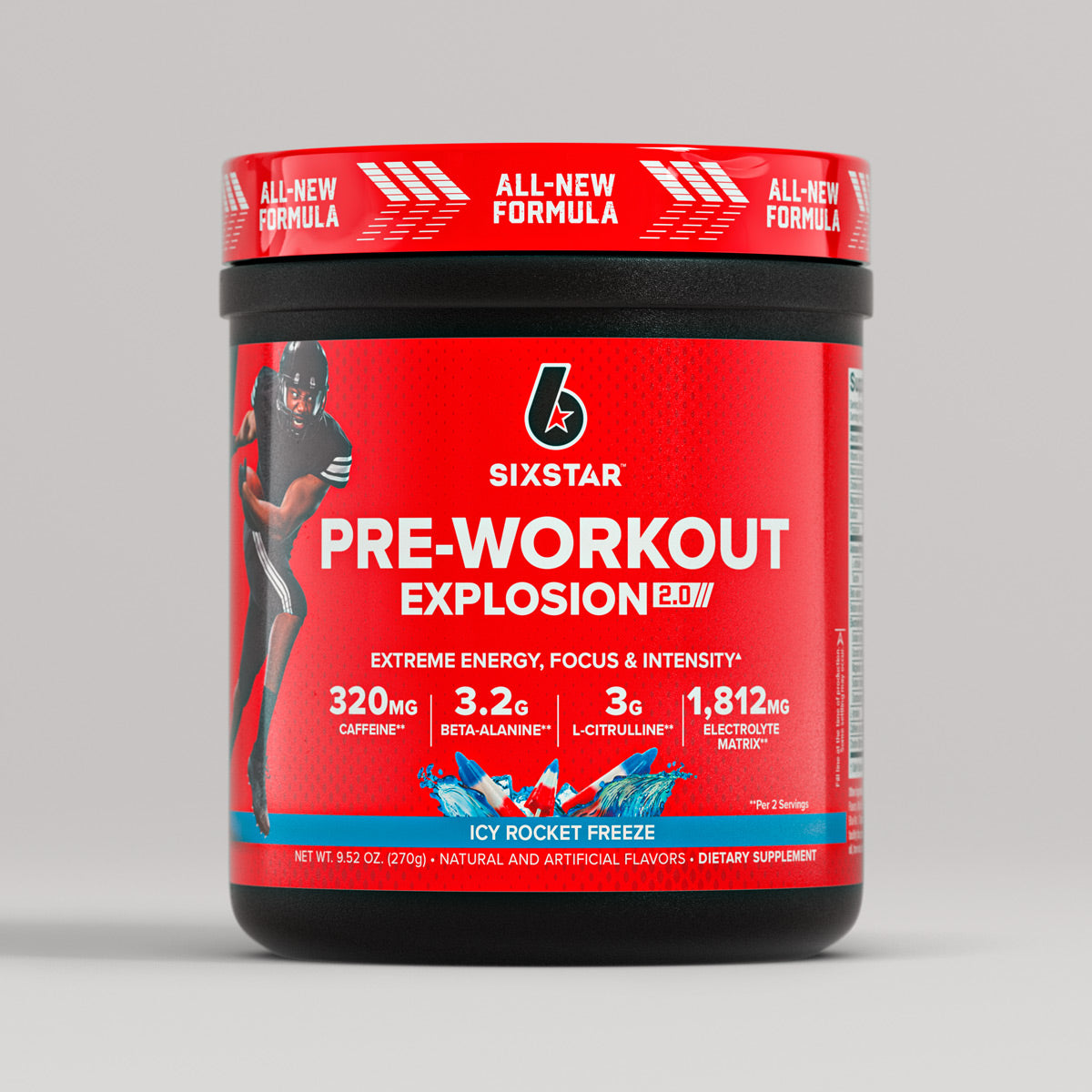 SIXSTAR Pre-Workout Explosion 2.0 Icy Rocket Freeze tub featuring 3.2g beta-alanine, 3g L-citrulline, and 1,812mg electrolyte matrix per serving to support energy, focus, and workout intensity.