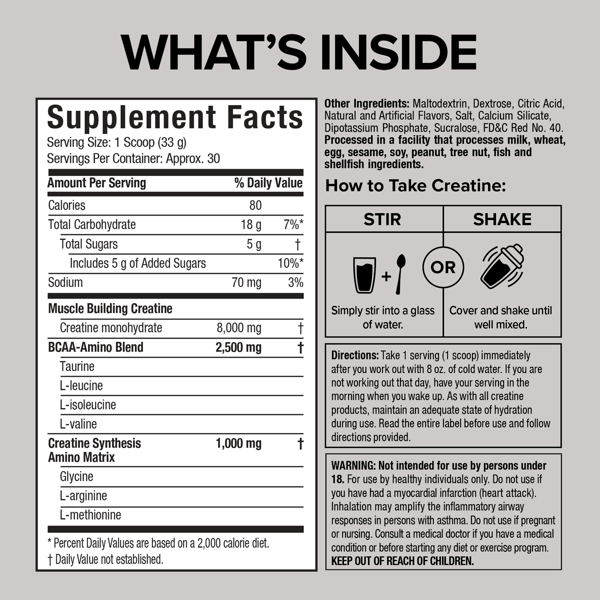 Supplement Facts and ingredient label for SIXSTAR 100% Creatine showing 8g creatine monohydrate, 2.5g BCAA-amino blend, and 1g amino matrix per serving, with mixing directions and safety information for muscle strength and recovery support.