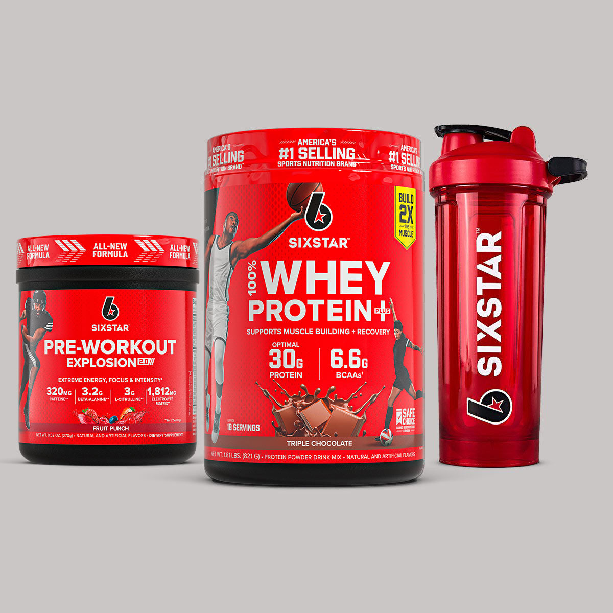 SIXSTAR Performance Starter Stack featuring whey protein plus, pre-workout explosion 2.0, and free shaker cup