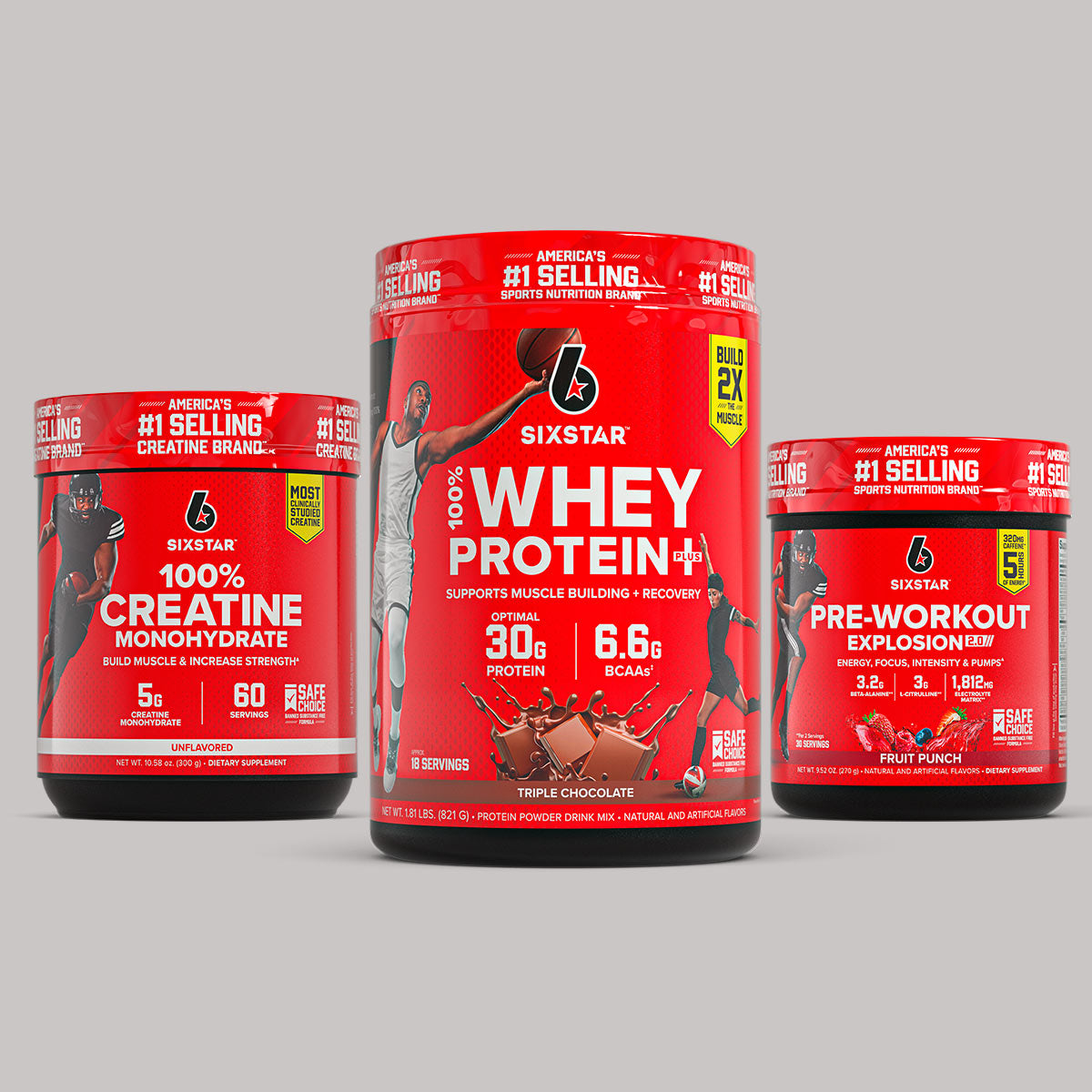 SIXSTAR Training Super Stack bundle featuring 100% Whey Protein Plus, 100% Creatine Monohydrate, and Pre-Workout Explosion 2.0 supplements.