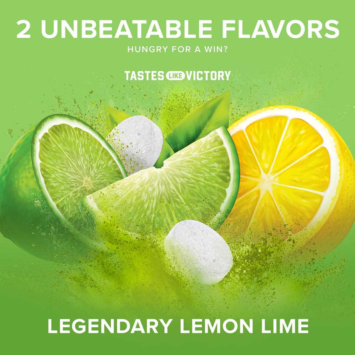 Lemon and lime slices with SIXSTAR Creatine Chews depicted in motion, highlighting the Legendary Lemon Lime flavor with text reading “2 Unbeatable Flavors” and “Tastes Like Victory,” emphasizing bold taste and performance energy.