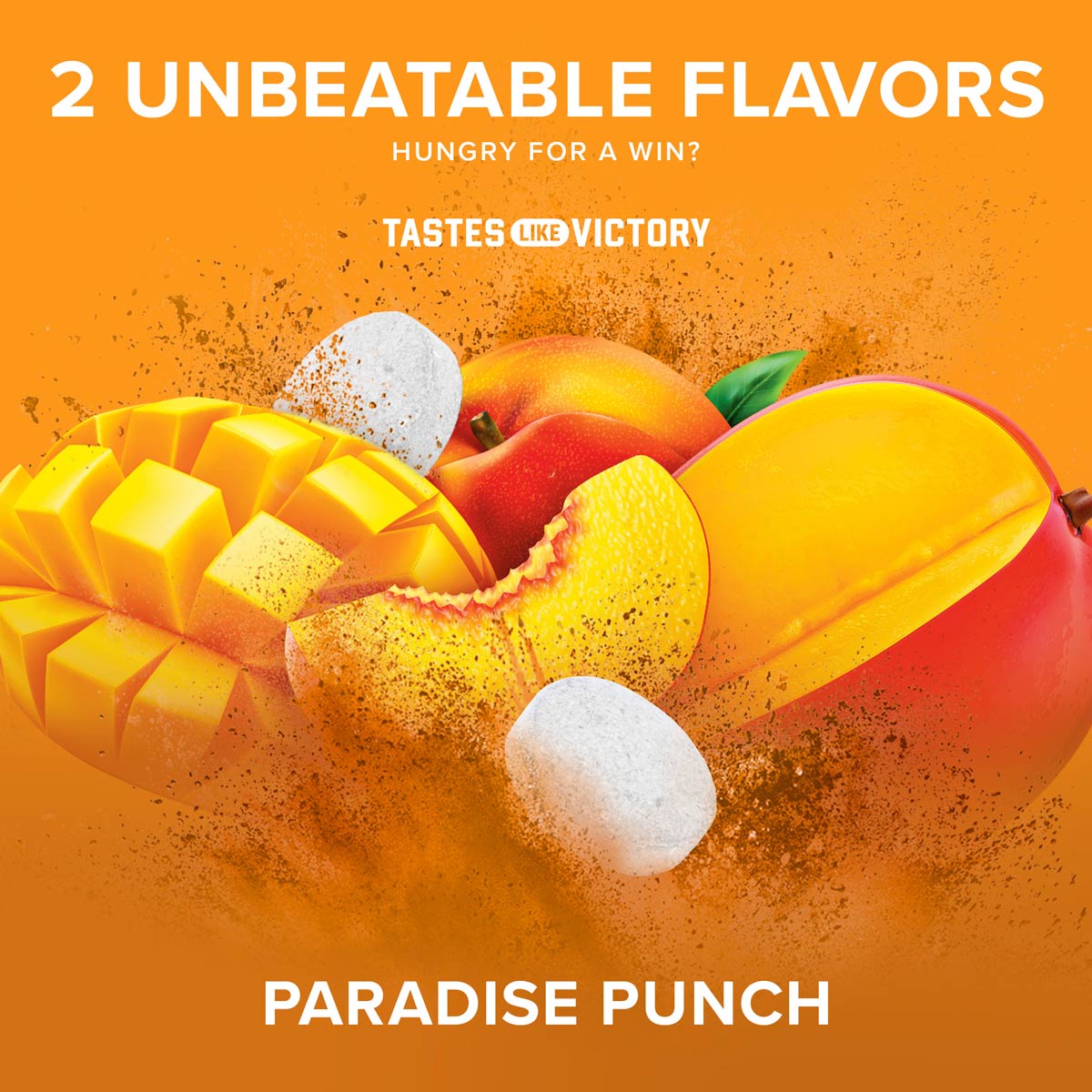 Vibrant mango, peach, and tropical fruit artwork with SIXSTAR Creatine Chews tablets highlighting the Paradise Punch flavor under the headline “2 Unbeatable Flavors,” representing bold taste and muscle-building energy for athletes.
