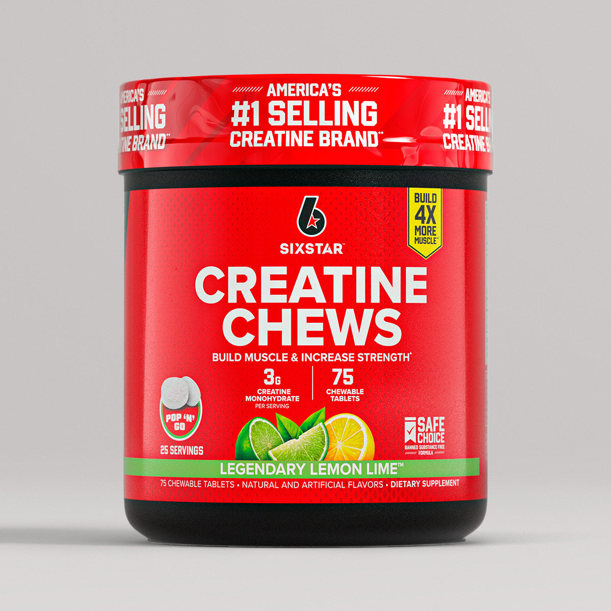 SIXSTAR Creatine Chews Legendary Lemon Lime supplement tub featuring 3g creatine monohydrate per serving and 75 chewable tablets, offering convenient on-the-go support for muscle strength and athletic performance.