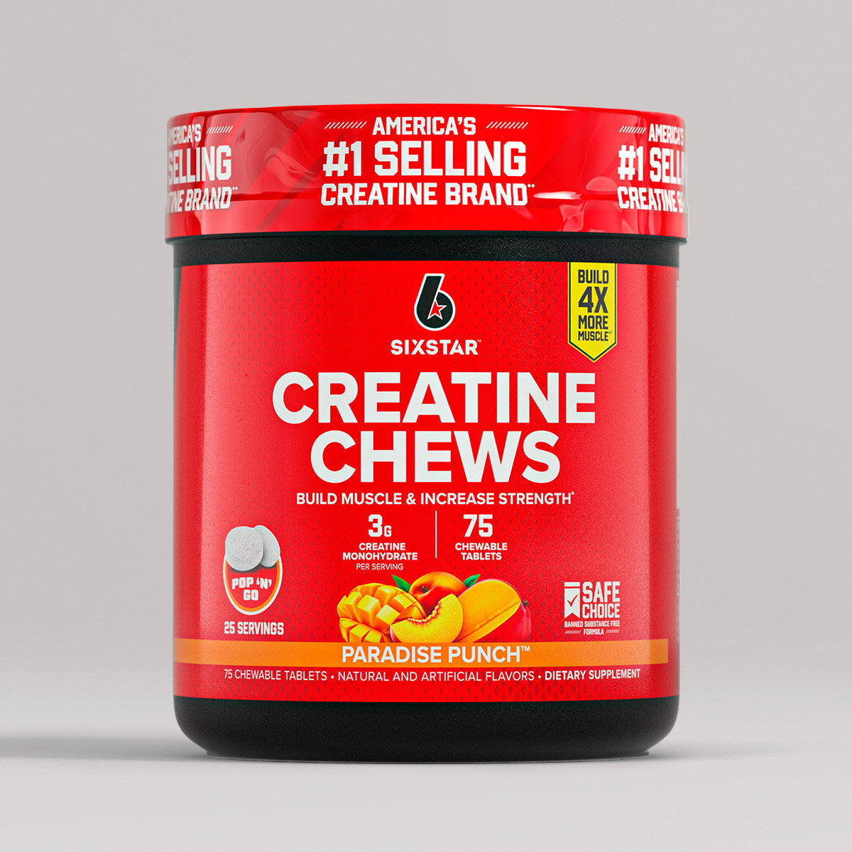 SIXSTAR Creatine Chews Paradise Punch supplement tub featuring 3g creatine monohydrate per serving and 75 chewable tablets, designed for convenient on-the-go muscle strength and performance support.