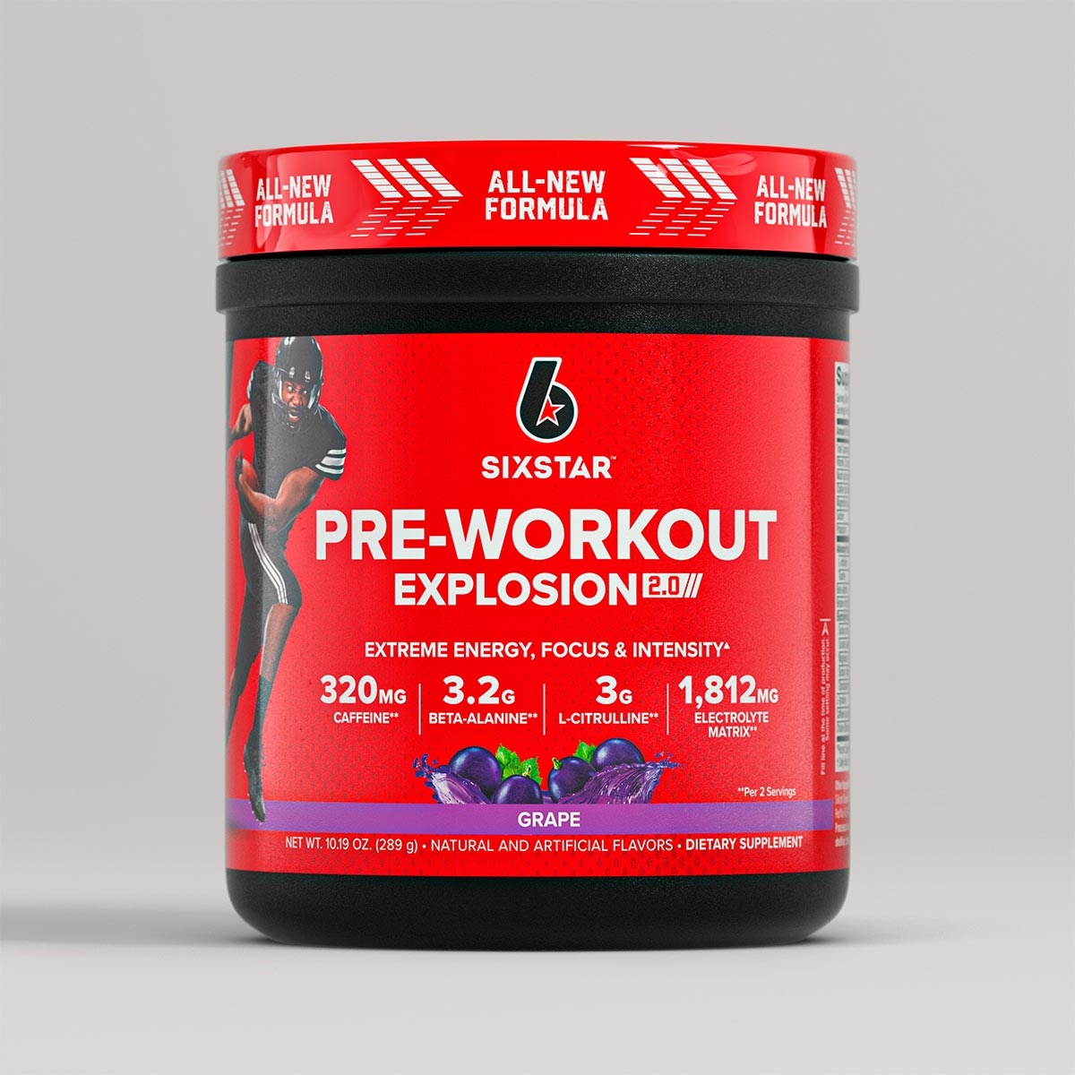 SIXSTAR Pre-Workout Explosion 2.0 Grape supplement tub featuring 3.2g beta-alanine, 3g L-citrulline, and 1,812mg electrolyte matrix per serving to support energy, focus, endurance, and performance during workouts.