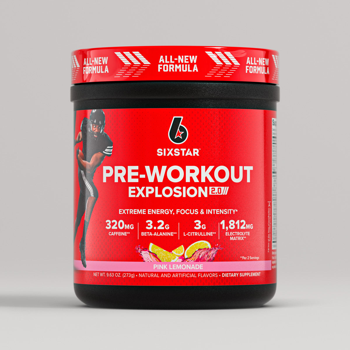 SIXSTAR Pre-Workout Explosion 2.0 Pink Lemonade supplement tub featuring 3.2g beta-alanine, 3g L-citrulline, and 1,812mg electrolyte matrix per serving to support energy, focus, and workout performance.