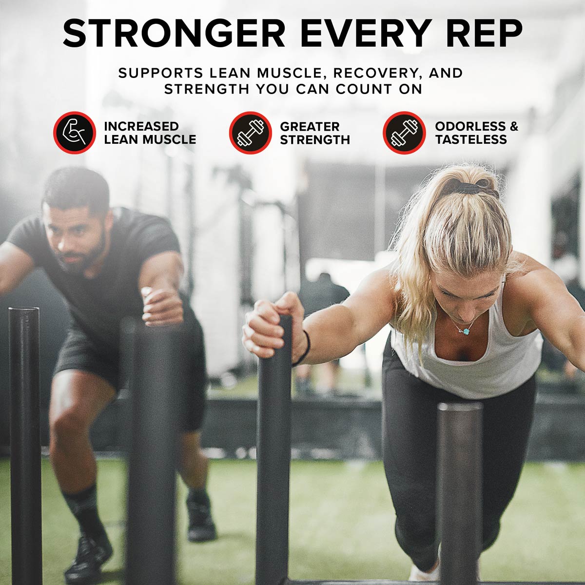 Athletes performing sled pushes in a gym with text highlighting SIXSTAR 100% Creatine benefits—supports lean muscle growth, strength gains, recovery, and is odorless and tasteless for easy mixing.