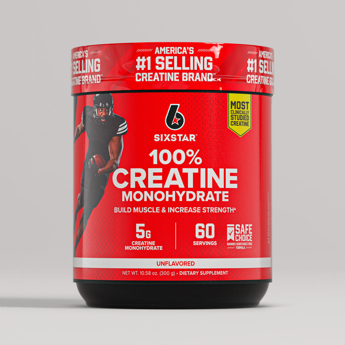 SIXSTAR 100% Creatine Monohydrate unflavored supplement tub featuring 5g creatine monohydrate and 60 servings, designed to support strength, power, and muscle performance for athletes.