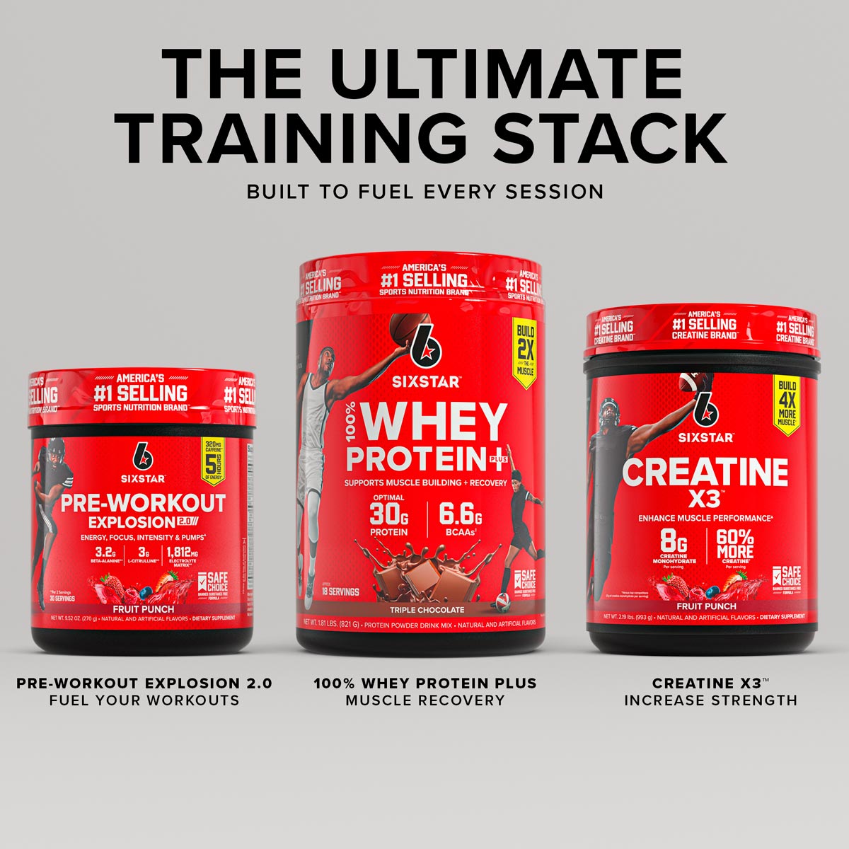 SIXSTAR Ultimate Training Stack featuring Pre-Workout Explosion 2.0, 100% Whey Protein Plus, and Creatine X3 to fuel workouts, support recovery, and enhance muscle performance.