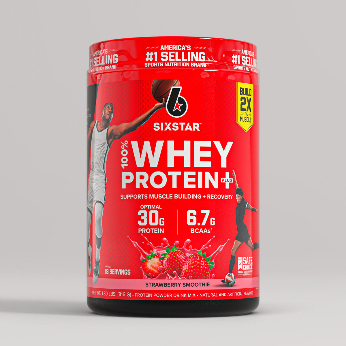 SIXSTAR 100% Whey Protein Plus Strawberry Smoothie protein powder tub featuring 30g protein and 6.7g BCAAs per serving to support muscle building and recovery.