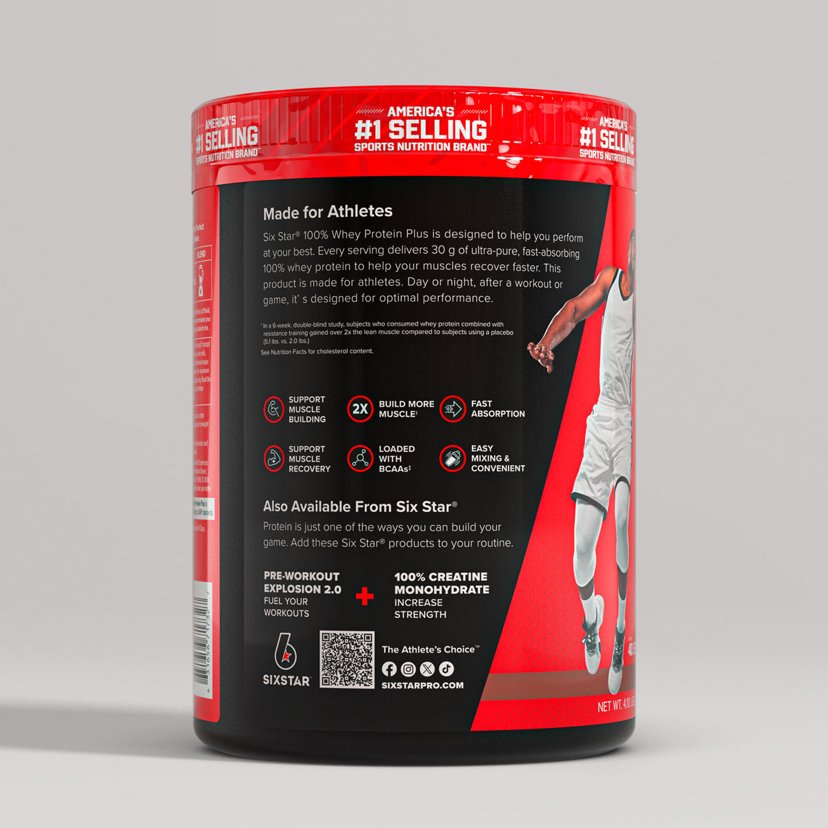 SIXSTAR 100% Whey Protein Plus container side label with product information and usage icons