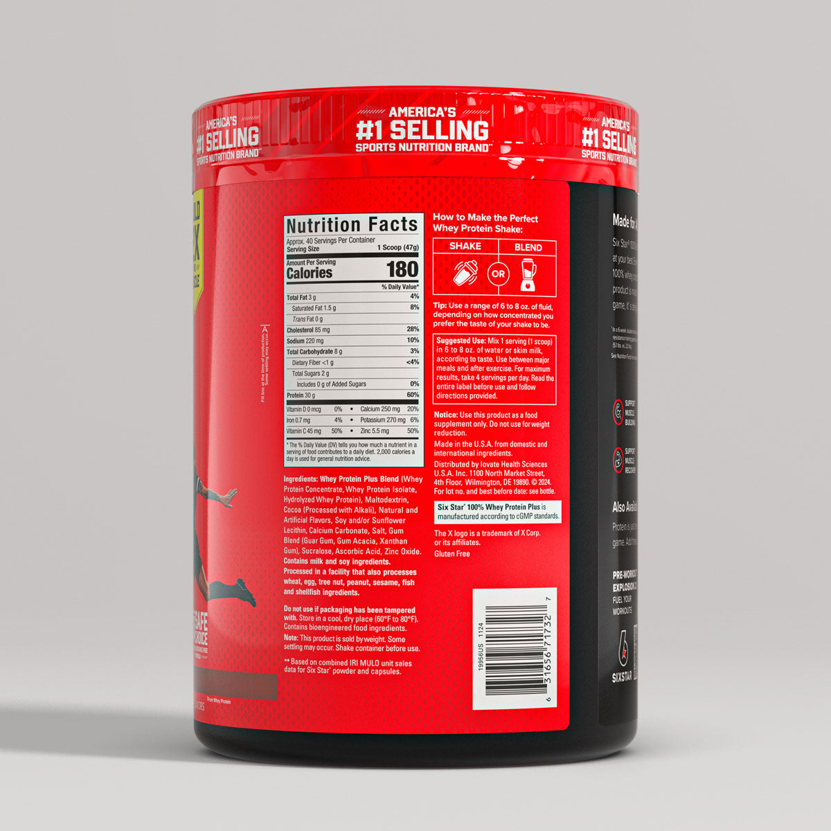 SIXSTAR 100% Whey Protein Plus container back label with nutrition facts and usage instructions