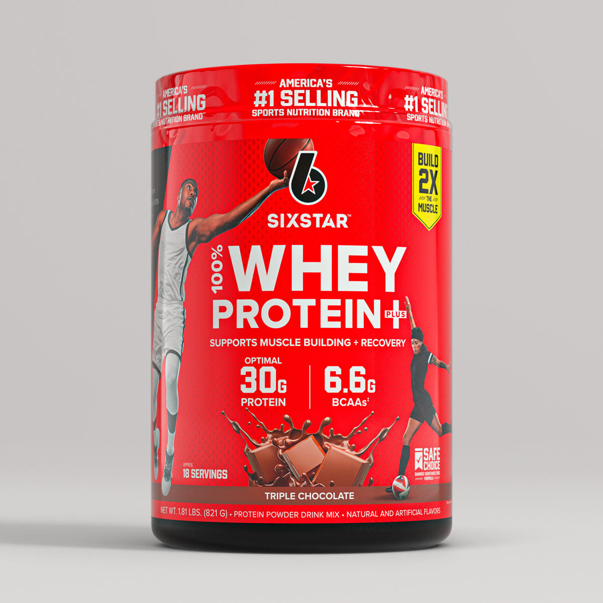 SIXSTAR 100% Whey Protein Plus Triple Chocolate protein powder tub supporting muscle building and recovery, featuring 30g protein and 6.6g BCAAs per serving.