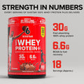SIXSTAR 100% Whey Protein Plus Triple Chocolate with 30g protein, 6.6g BCAAs, and 18 servings, highlighting fast-absorbing protein for strength and recovery.