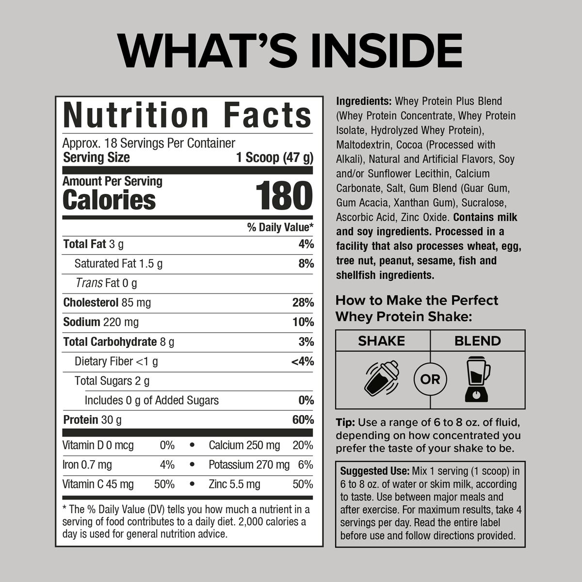 Nutrition Facts and ingredient label for SIXSTAR 100% Whey Protein Plus showing 30g protein, 180 calories, and 18 servings per container, with directions for making the perfect shake.