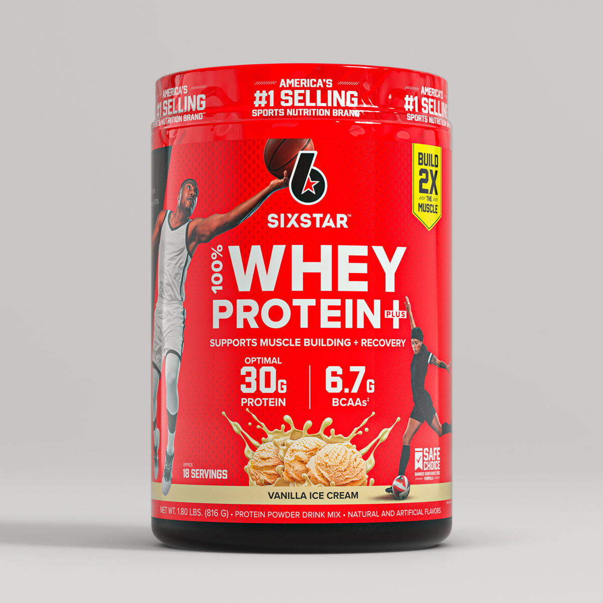 SIXSTAR 100% Whey Protein Plus Vanilla Ice Cream protein powder tub featuring 30g protein and 6.7g BCAAs per serving to support muscle building and recovery.