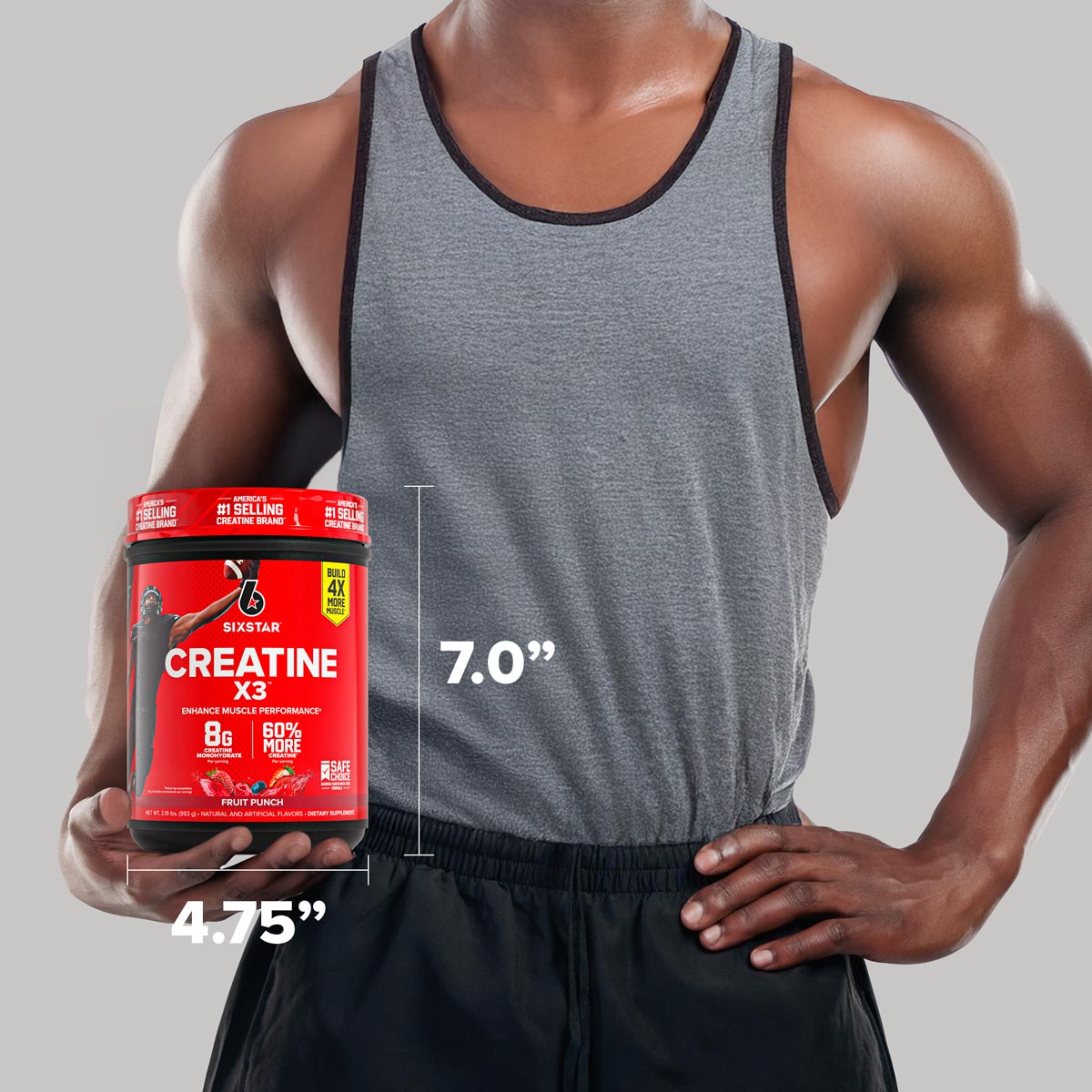 Athlete holding a SIXSTAR Creatine X3 Fruit Punch tub with labeled product dimensions of 7.0 inches tall and 4.75 inches wide for size reference.