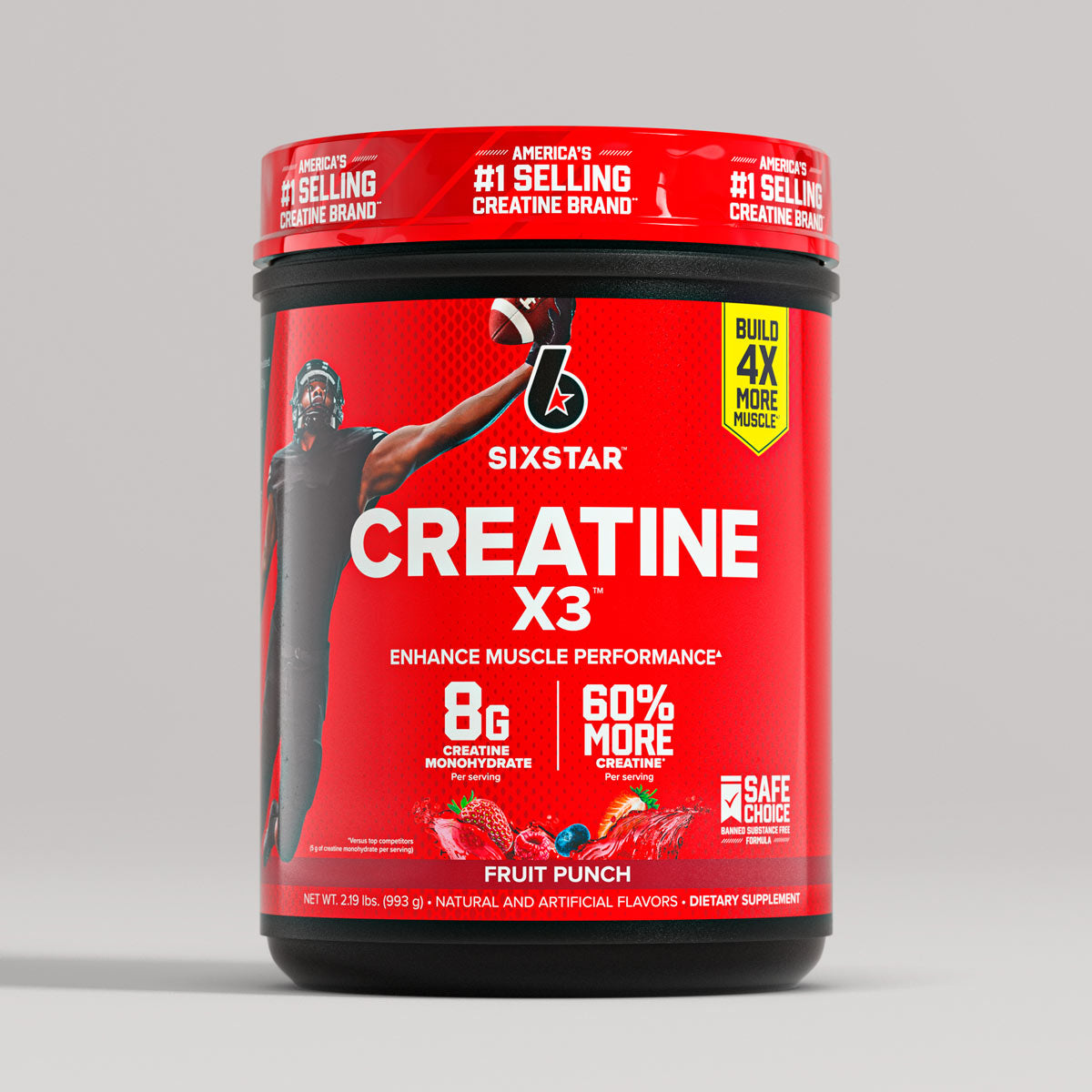 SIXSTAR Creatine X3 Fruit Punch tub featuring 8g creatine monohydrate and 60% more creatine per serving to support enhanced muscle performance.