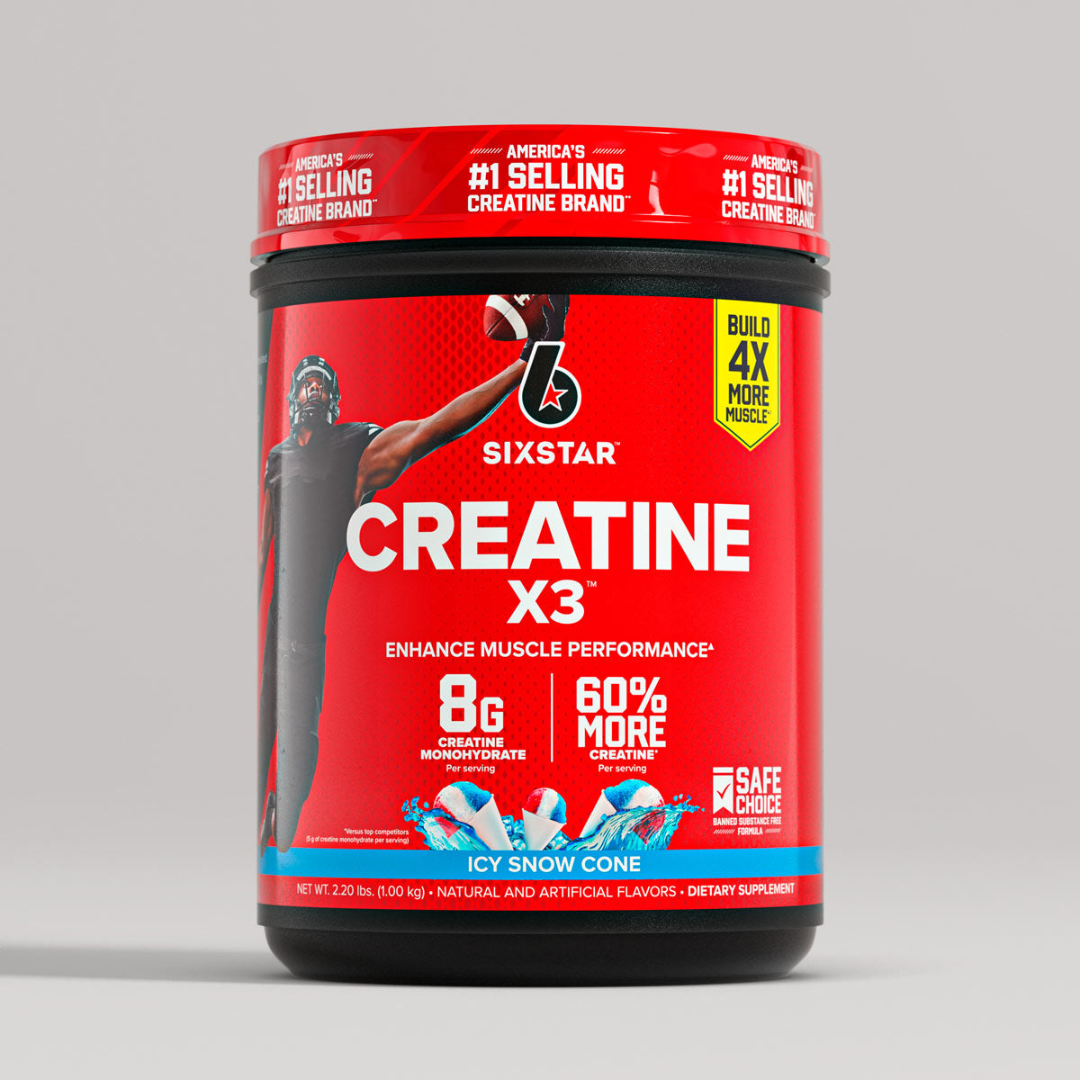 SIXSTAR Creatine X3 Icy Snow Cone tub featuring 8g creatine monohydrate and 60% more creatine per serving to enhance muscle performance.
