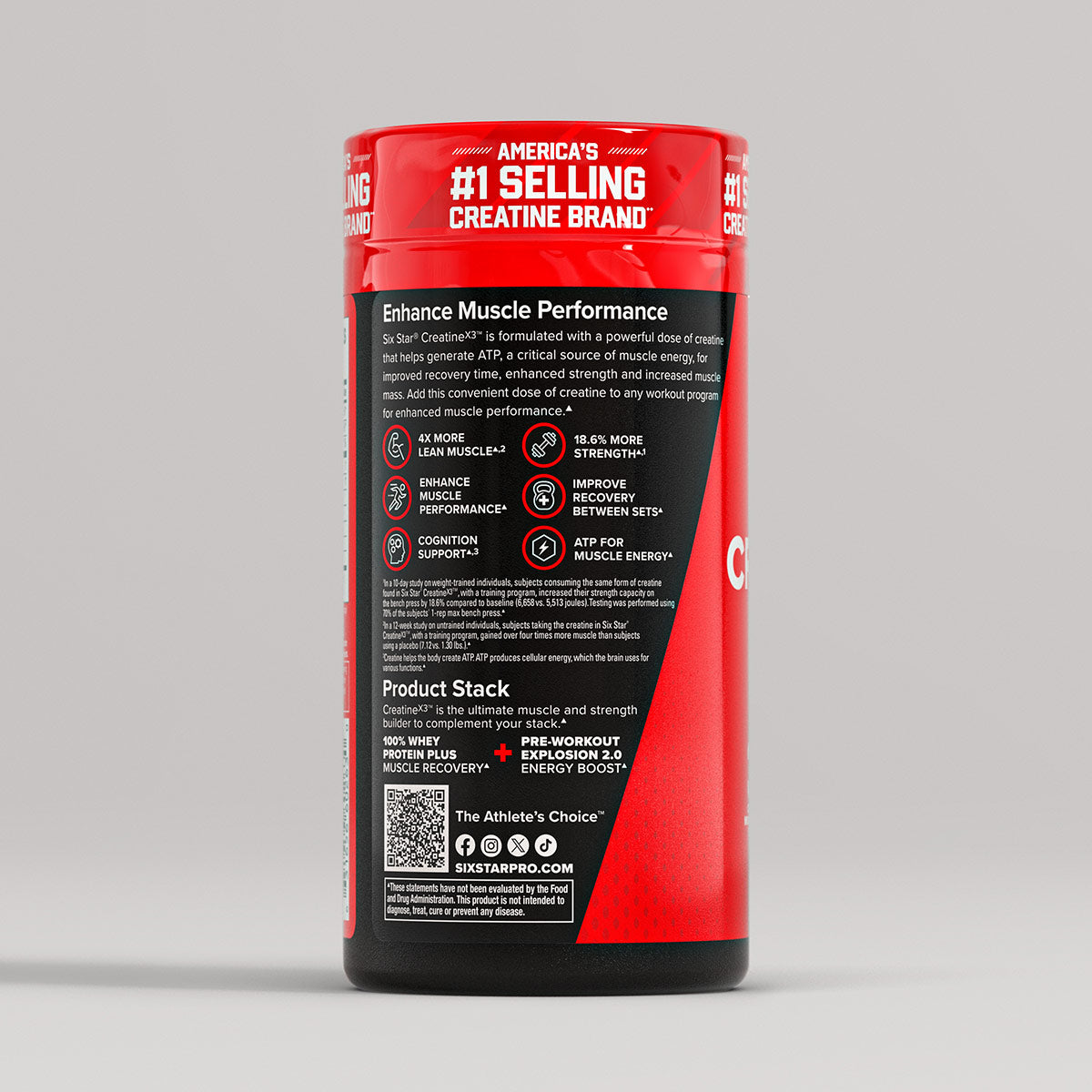 SIXSTAR Creatine X3 tablets dietary supplement bottle, side label with usage icons and product information