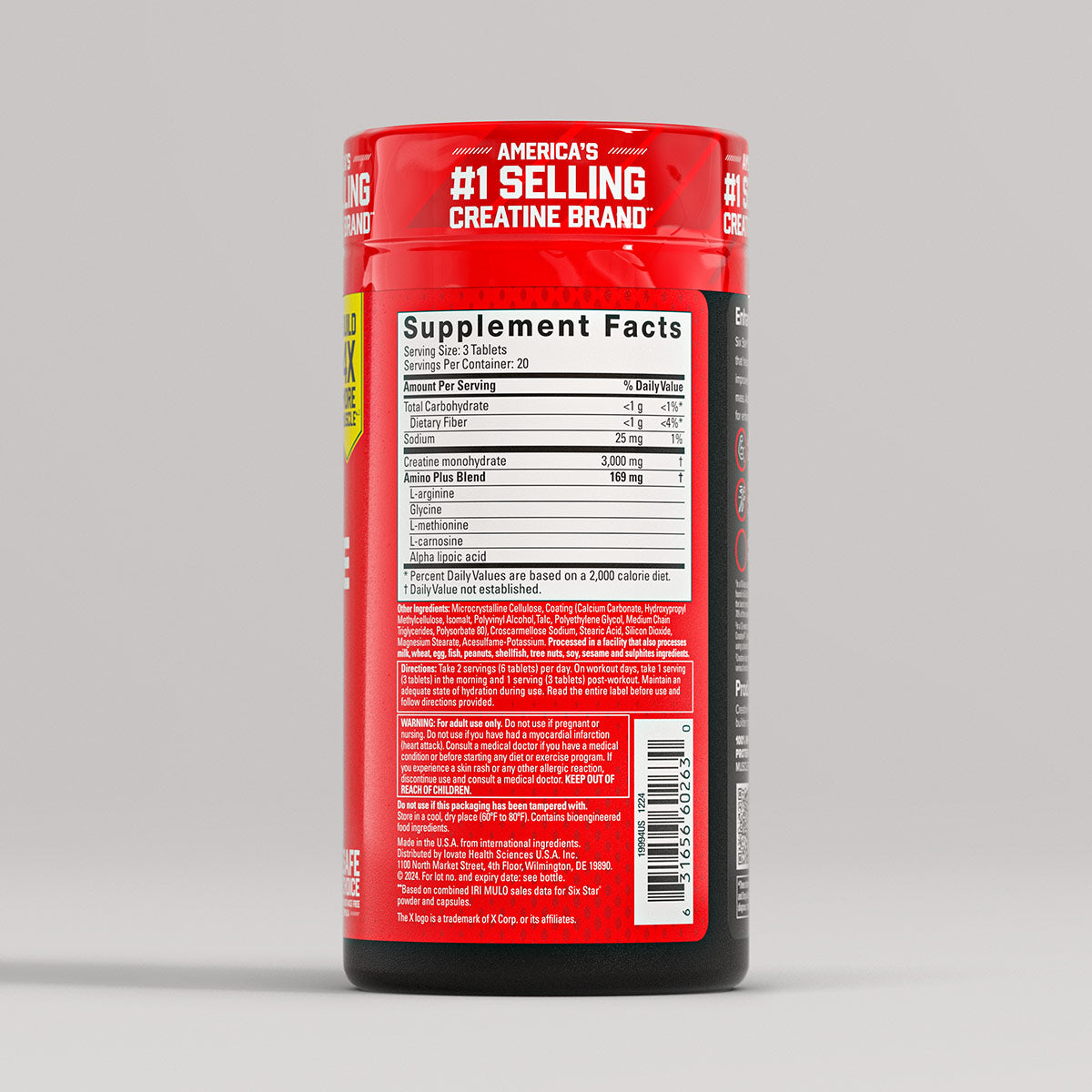 SIXSTAR Creatine X3 tablets dietary supplement bottle, Supplement Facts panel and ingredients label view