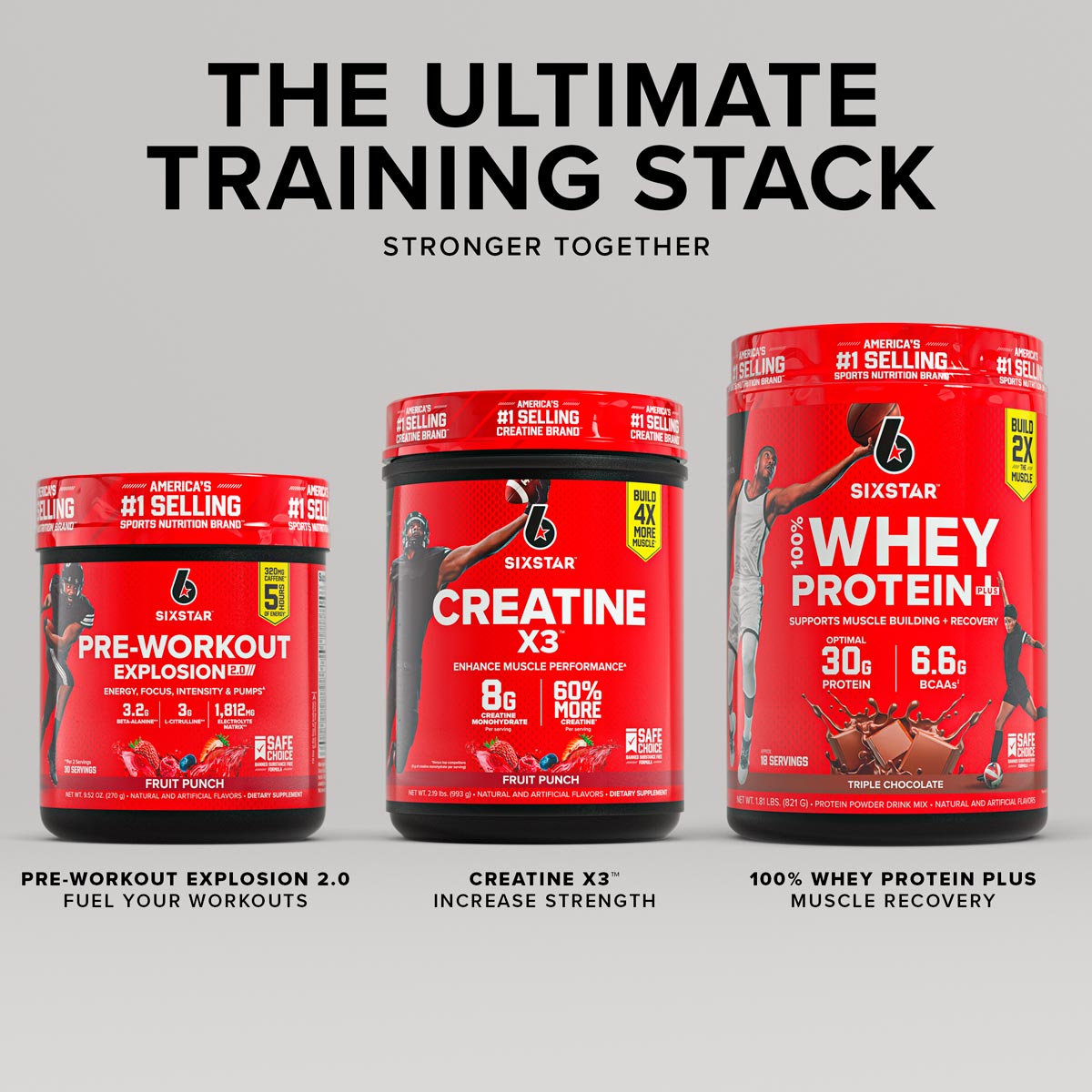 SIXSTAR Ultimate Training Stack featuring Pre-Workout Explosion 2.0, Creatine X3, and 100% Whey Protein Plus to fuel workouts, increase strength, and support muscle recovery.