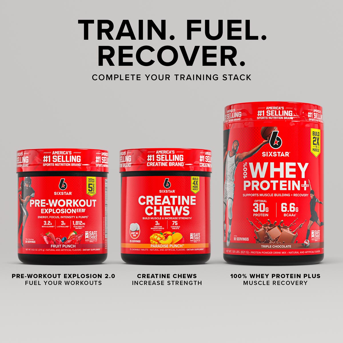SIXSTAR supplement stack featuring Pre-Workout Explosion 2.0, Creatine Chews, and 100% Whey Protein Plus with the headline “Train. Fuel. Recover.” promoting a complete training stack for strength, energy, and muscle recovery.
