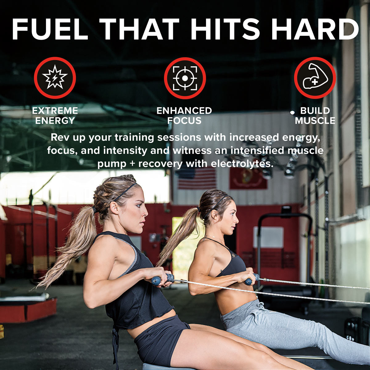 Two athletes performing seated rows in a gym with text highlighting SIXSTAR Pre-Workout Explosion benefits—extreme energy, enhanced focus, and muscle-building support with electrolytes.