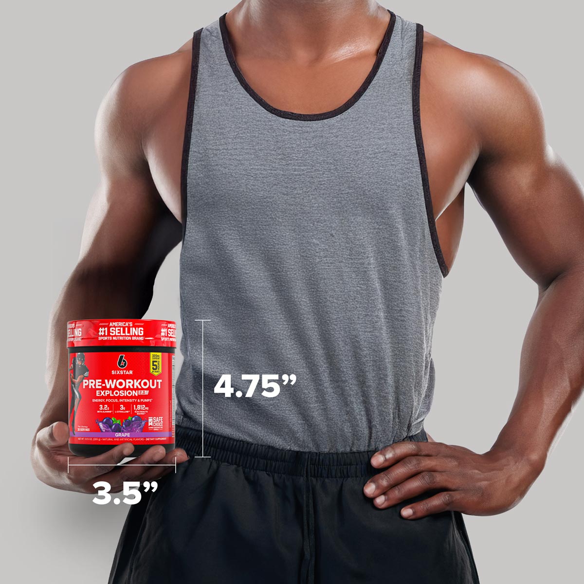 Athlete holding a SIXSTAR Pre-Workout Explosion 2.0 Grape tub with labeled product dimensions of 4.75 inches tall and 3.5 inches wide, showing size reference for the supplement container.