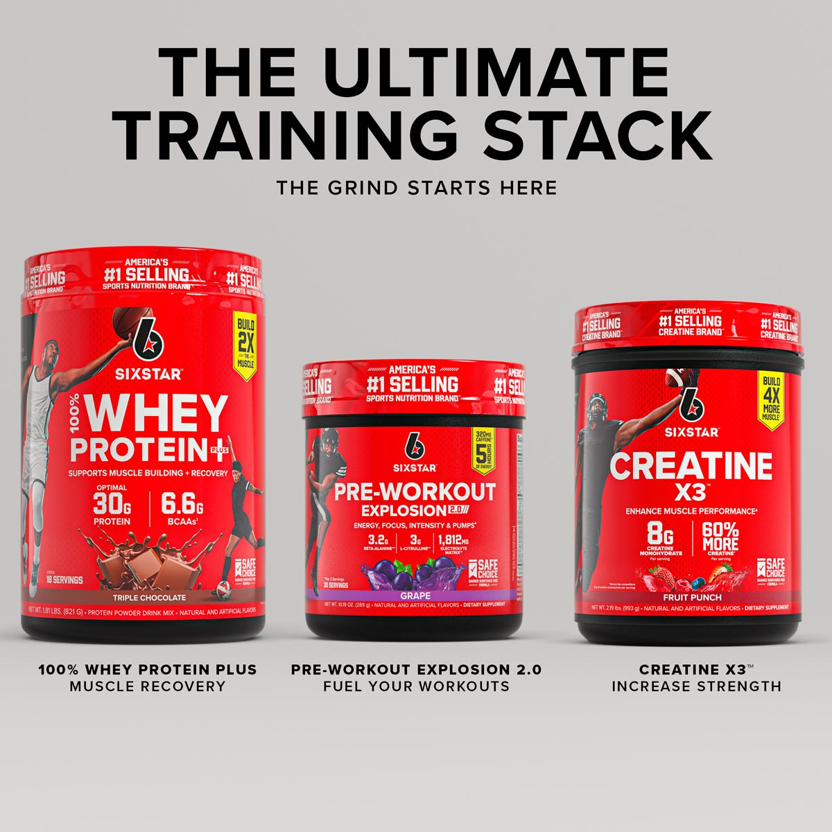 SIXSTAR Ultimate Training Stack featuring 100% Whey Protein Plus, Pre-Workout Explosion 2.0, and Creatine X3—performance supplements designed for athletes to support energy, strength, and muscle recovery during training.