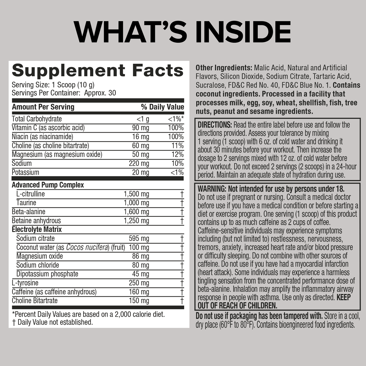 Supplement Facts and ingredient label for SIXSTAR Pre-Workout Explosion 2.0 showing 1.5g L-citrulline, 1.6g beta-alanine, 1.25g betaine, and 160mg caffeine per serving, with directions, warnings, and nutritional information for workout energy and focus support.