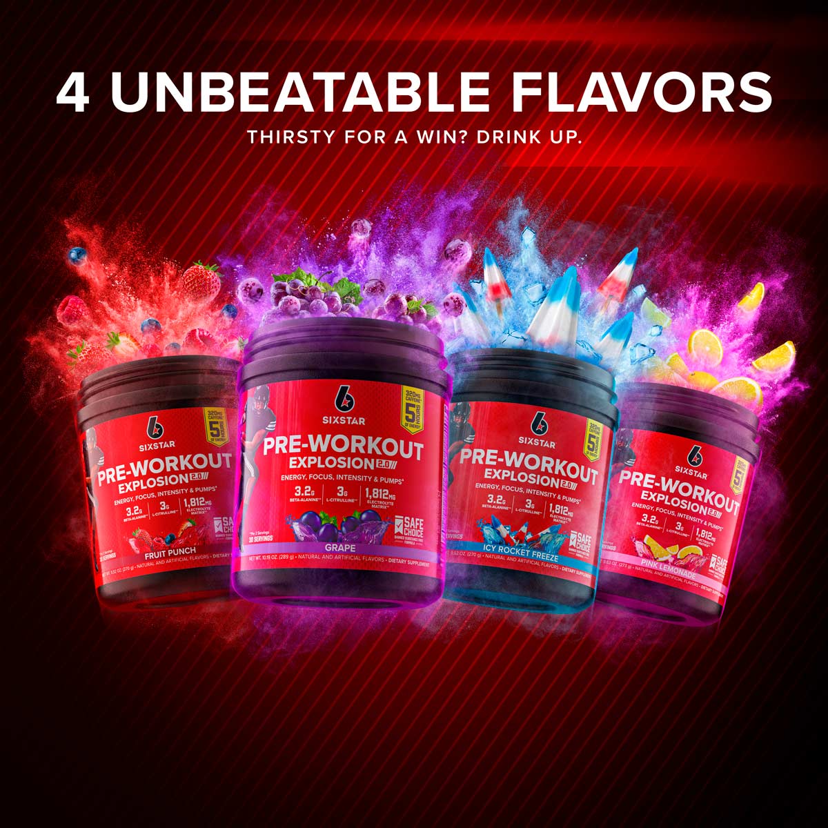 Four tubs of SIXSTAR Pre-Workout Explosion 2.0 in Fruit Punch, Grape, Icy Rocket Freeze, and Pink Lemonade flavors displayed with colorful energy bursts, highlighting flavor variety and workout performance support.