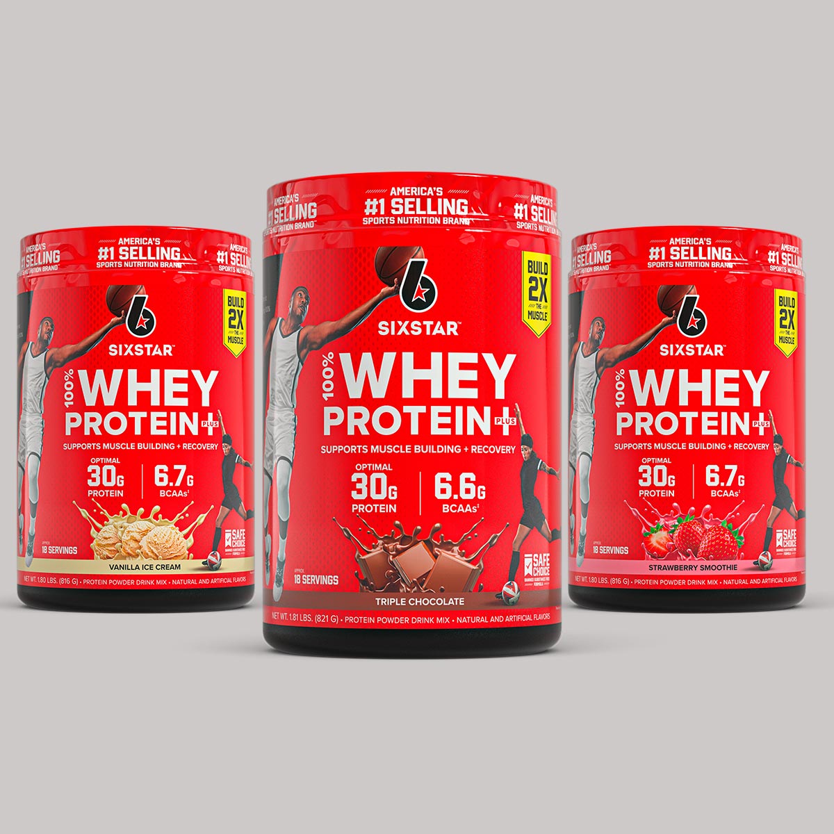 SIXSTAR 1-Month Protein Stack featuring 100% Whey Protein Plus in vanilla ice cream, triple chocolate, and strawberry smoothie flavors