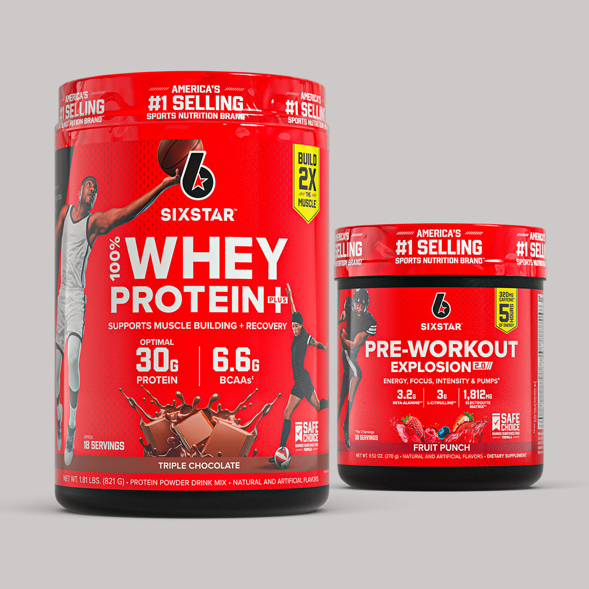 SIXSTAR Athlete Starter Stack bundle featuring 100% Whey Protein Plus and Pre-Workout Explosion 2.0 supplements