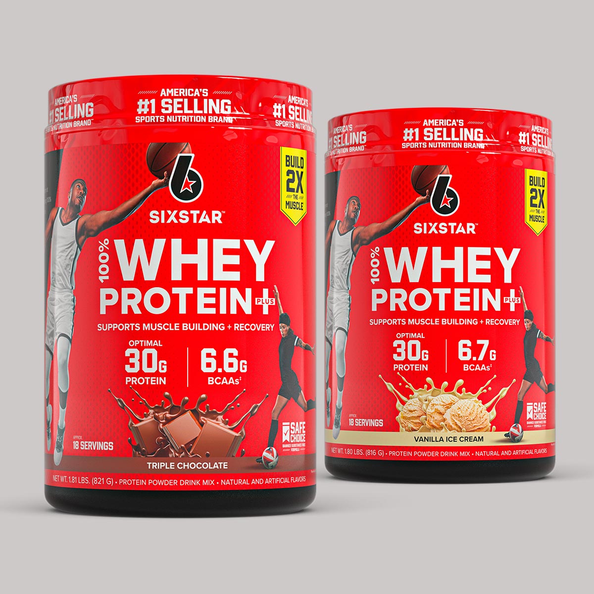 SIXSTAR High School Varsity Stack featuring 100% Whey Protein Plus in triple chocolate and vanilla ice cream flavors